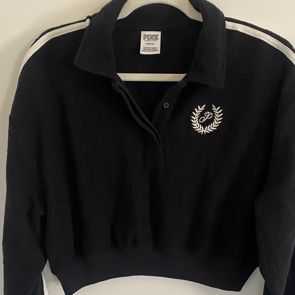 PINK Victoria's Secret Black Fleece Polo Sweatshirt with White Crest & Stripes